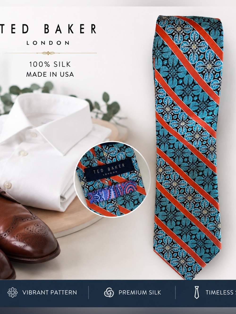Ted Baker Blue & Orange Floral-Stripe 100% Silk Tie Made in the USA